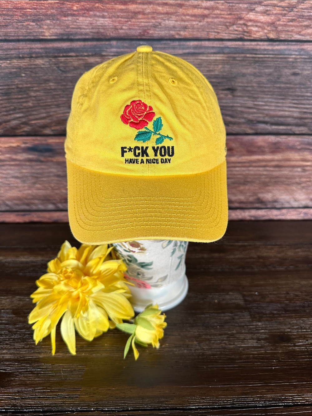 Field Grade Yellow Embroidered Rose Baseball Cap - Have a Nice Day
